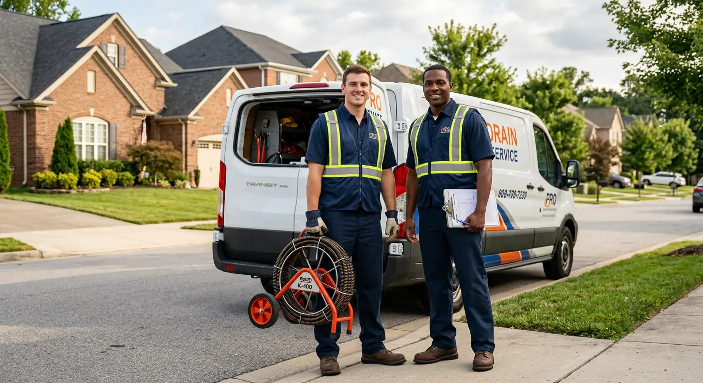 Sewer and drain service team with equipment ready for work in Kings Point