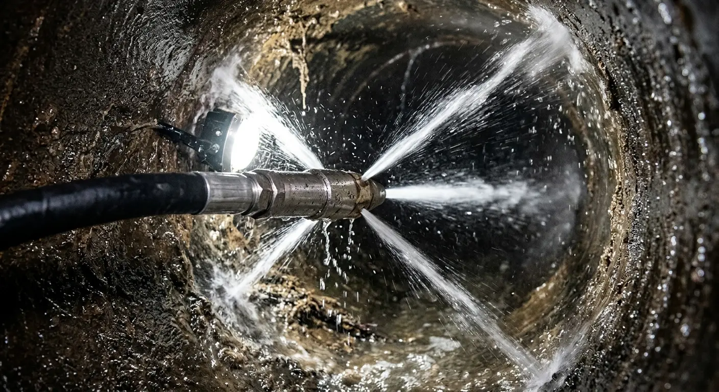 High-pressure hydro jetting nozzle cleaning sewer pipe for Emergency Drain Service in Kings Point