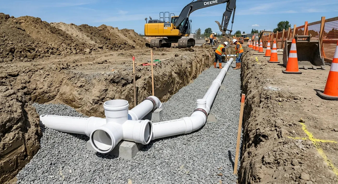 New PVC sewer pipe installation in open trench for Sewer Backup in Kings Point