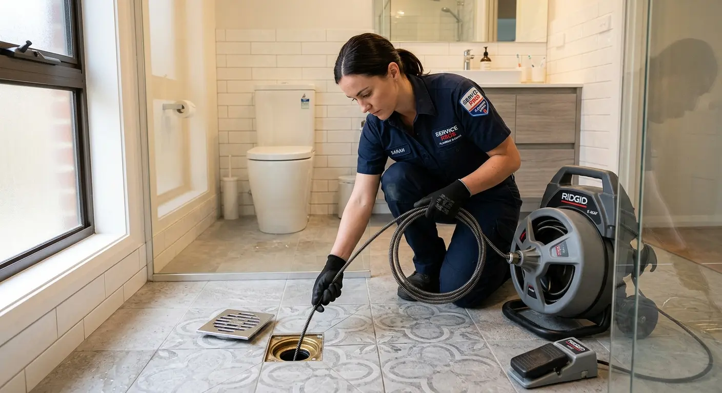 Technician clearing a bathroom floor drain for Sewer Line Replacement in Kings Point